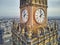 WARSAW, POLAND - OCTOBER 19, 2019: Beautiful panoramic aerial close-up drone view to the Millennium clock clock face diameter = 6