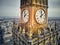 WARSAW, POLAND - OCTOBER 19, 2019: Beautiful panoramic aerial close-up drone view to the Millennium clock clock face diameter = 6