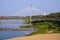 Warsaw, Poland - Panoramic view of the Vistula river with Most Srednicowy railway bridge and northern district of Warsaw