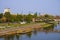 Warsaw, Poland - Panoramic view of the Vistula river with Most Srednicowy railway bridge and Powisle district of Warsaw
