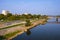 Warsaw, Poland - Panoramic view of the Vistula river with Most Srednicowy railway bridge and Powisle district of Warsaw