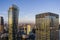 Warsaw skyscrapers in the city center before sunset