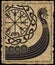 Warship of the Vikings. Drakkar, ancient scandinavian pattern and norse runes