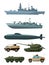 Warships and armored vehicles of land forces. Military transport support