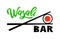 Wasabi bar hand calligraphy lettering with sushi and sticks, emblem of Japanese food. Vector