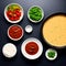 Wasabi, Spicy Sambal, pineapple,  Cheese sauce on white bowl, top view with transparent background, Generative AI Technology