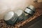Wash basin pans for Russian steam bath. Sauna equipment from tin on the beige mosaic bench. Interior of Turkish hammam