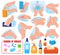 Wash hands vector instructions of washing or cleaning hands with soap and foam in water illustration antibacterial set