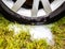 Washed car wheel rim with car shampoo and foam on green grass. Concept of prohibition of car washing in nature