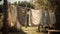 Washed clothes on clothesline drying on rope outside. Generative AI