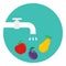 Washed fruits and vegetables. Fruit must be washed. Tap water washes the fruit. Vector illustration