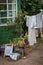 Washed laundry dries in the summer garden