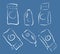 Washing cleanser packagings icons set, full and empty, doodle sketch style, light strokes