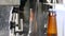 Washing of full beer bottles in conveyor. Glass bottle factory. Bottles on industrial line. Beer brown glass bottles