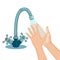 Washing hands with soap foam, scrub, gel bubbles. Water tap, faucet leak. Personal hygiene, daily routine concept. Clean body.