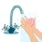 Washing hands with soap foam, scrub, gel bubbles. Water tap, faucet leak. Personal hygiene, daily routine concept. Clean body.