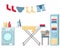 Washing and ironing clothes vector set. Laundry items.