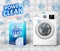 Washing machine ad. Stain remover banner design with realistic washing machine and laundry detergent package with clean