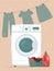 Washing machine, detergents, laundry basket and drying laundry in flat style. Modern laundromat, home appliance for household