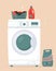 Washing machine, detergents and laundry basket in flat style. Washing clothes. Modern laundromat, home appliance for household