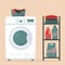 Washing machine and laundry basket, detergents and clean linen on a rack. Washing clothes. Modern laundromat, home appliance for