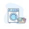 Washing machine with laundry basket vector line icon. Washer with dirty clothes outline illustration.