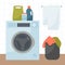 Washing machine with washing powder and detergents. Dirty laundry basket. Bathroom interior. Vector flat illustration