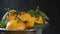 Washing orange tangerines with water drops on black background, slow motion