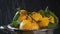 Washing orange tangerines with water drops on black background, slow motion