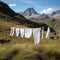 After washing, white clean laundry dries on a rope in a field against the backdrop of the Alpine mountains