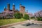 Washington DC - Flowering magnolia blossom trees frame the Smithsonian Castle on the National Mall in Washington DC