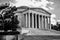 Washington DC, USA. Panoramic view of Thomas Jefferson Memorial, close-up in black and white.