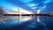 Washington Monument at night with the city skyline and cherry blossom.