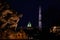 Washington Monument and US Capitol behind close-up of Memorial in Washington during night. The Memorial to honor the