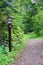 A washroom sign along a path pointing into the forest