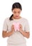 She wasnt expecting this from her savings...an attractive young woman holding a piggybank isolated on white.