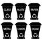 Waste bin. Black trashcan. Set of black garbage cans with sorted garbage on white background. Different types of garbage in glyph