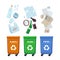 Waste bins. Different trash types color containers for sorting wastes. Recycling glass plastic and paper litter. Rubbish