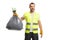 Waste collector holding a bin bag with gloves