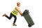 Waste collector pushing a trash can