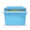 Waste container, dumpster in blue color. Trash can ajar. Rubbish bin full of garbage.