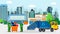 Waste disposal removal recycling concept megalopolis vector illustration. Garbage truck dustcart, dumpsters and two