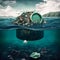 Waste garbage in ocean water. Concept of environmental pollution, global and social problems. Illustration of a landscape with