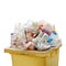 Waste heap, Waste Garbage trash plastic full of trash bin yellow, Plastic bag waste Lots of junk isolated on white background