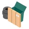 Waste recycling icon isometric vector. Worn car tire and pasel box near dumpster