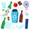 Waste sorting. Glass garbage. Bottles, mirror and other trash icons