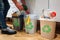 Waste sorting at home. Cropped view of man putting broccoli in the garbage bin. Colorful trash bins for sorting waste in