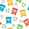 Waste sorting pattern with different colorful garbage bins, concept illustration for recycling, ecology, sustainability