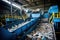 Waste sorting plant. Many different conveyors and bins. conveyors filled with various household waste. Waste disposal and