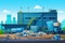 Waste sorting plant. Stylized illustration. conveyors filled with various household waste. Waste disposal and recycling. Waste